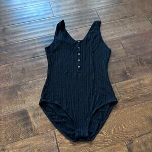 Melrose and Market Women's Medium Bodysuit Black Sleeveless Ribbed Henley Tank